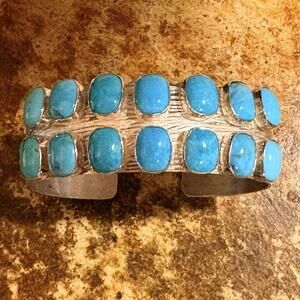 Estate Jay King Cuff Bracelet Sterling Silver w/ 14 Turquoise Stones Statement